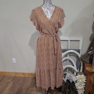 Boho midi dress Women SZ M flutter sleeve‎ tie belt muted rust print ruffle Fall